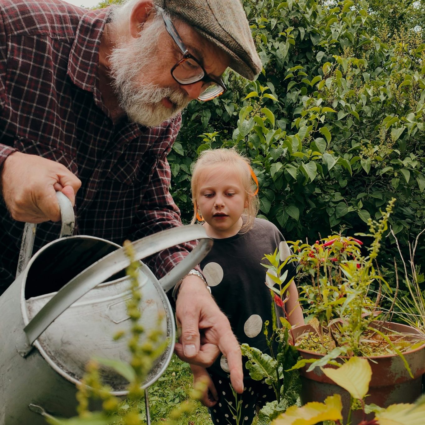 Zwei Personen bei der Gartenarbeit mit Gießkanne