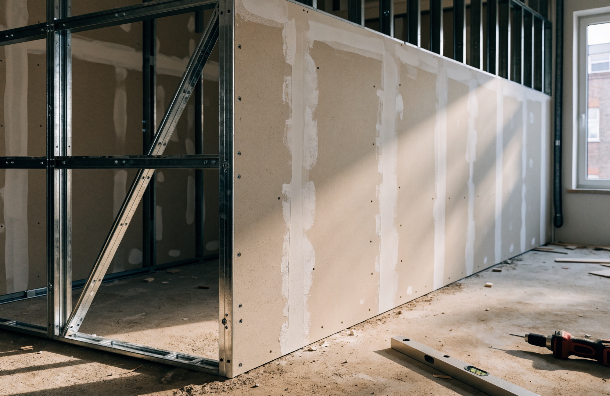 Trockenbauwand mit Ständerwerk und verspachtelten Fugen im Rohbau